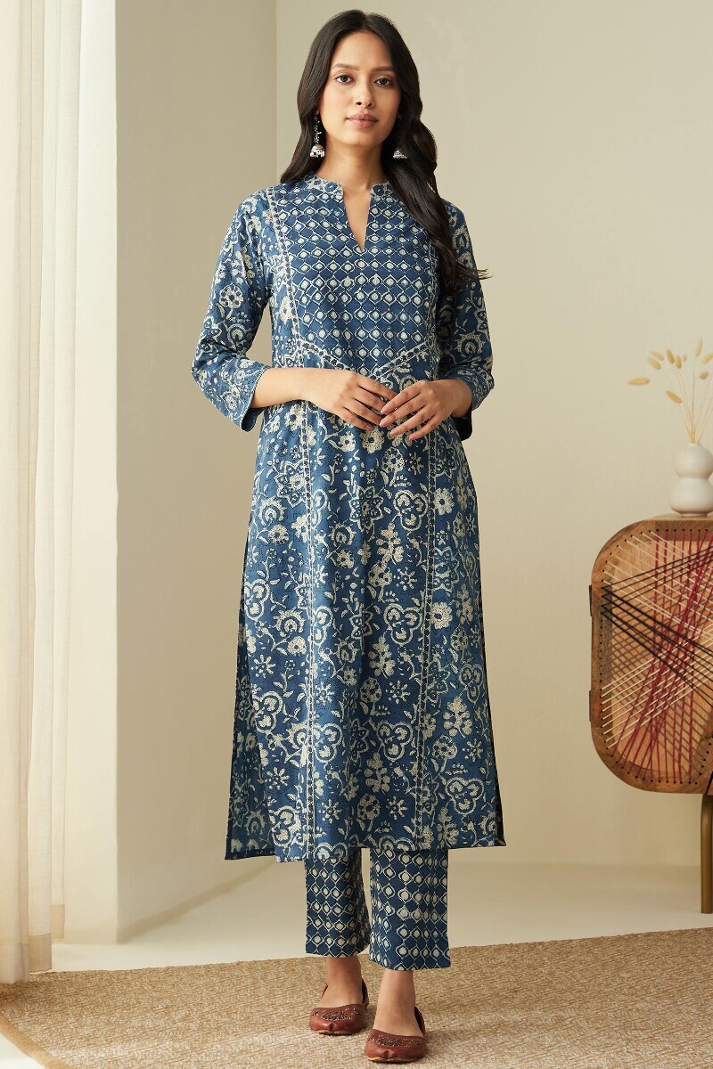 Indigo Hand Block-Printed Straight Cotton Kurta