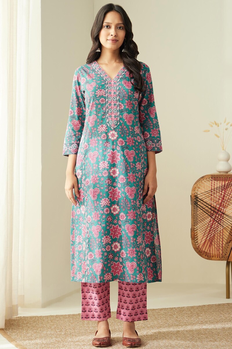 Green Hand Printed Straight Cotton Kurta