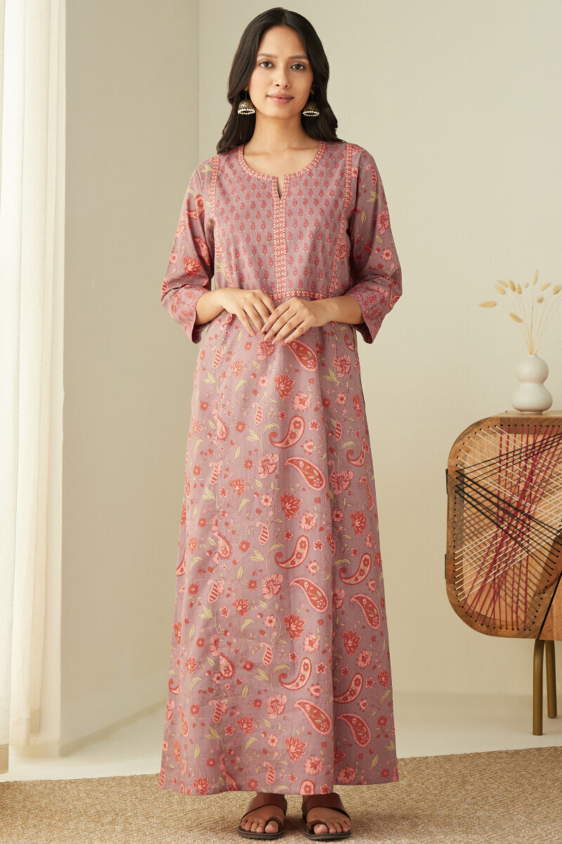 Mauve Hand Printed Cotton Kaftan