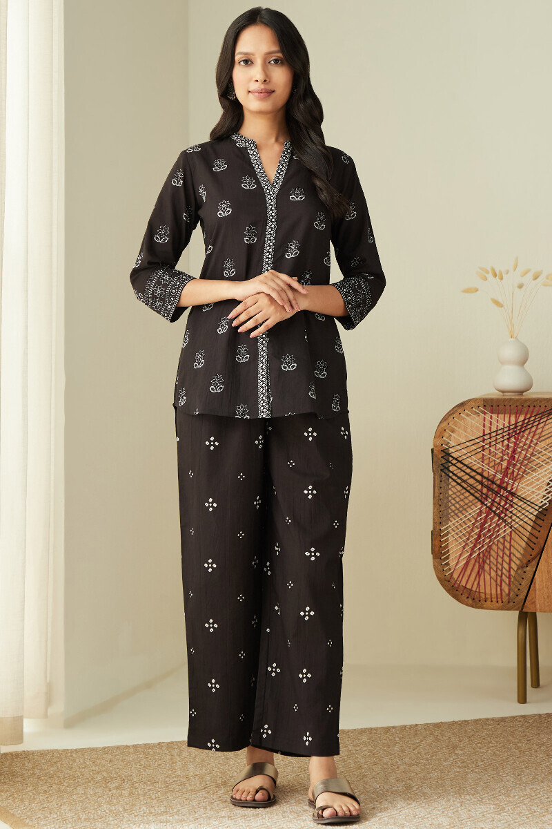 Black Hand Printed Cotton Loungewear Set