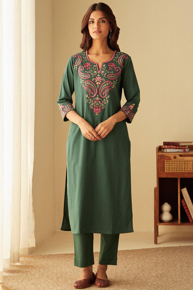 Green Handcrafted Straight Cotton Flax Kurta