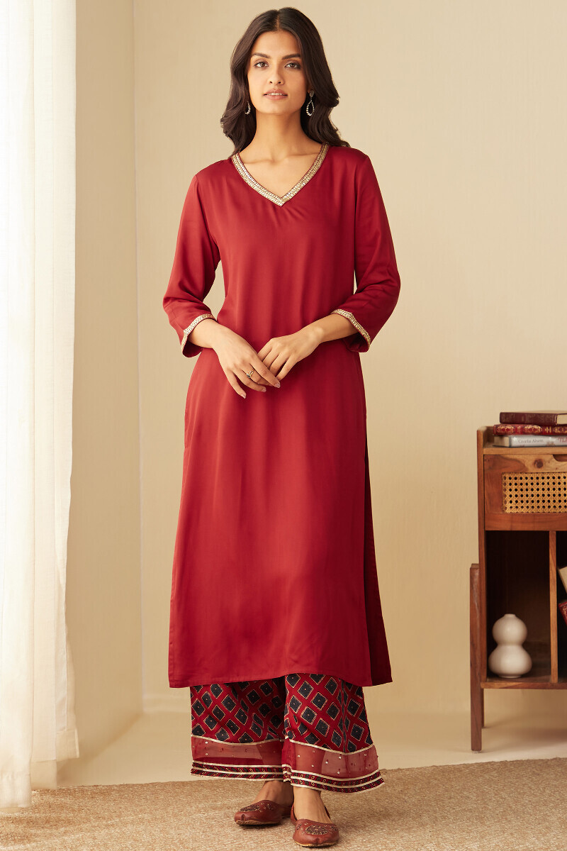 Red Handcrafted Straight Modal Satin Kurta