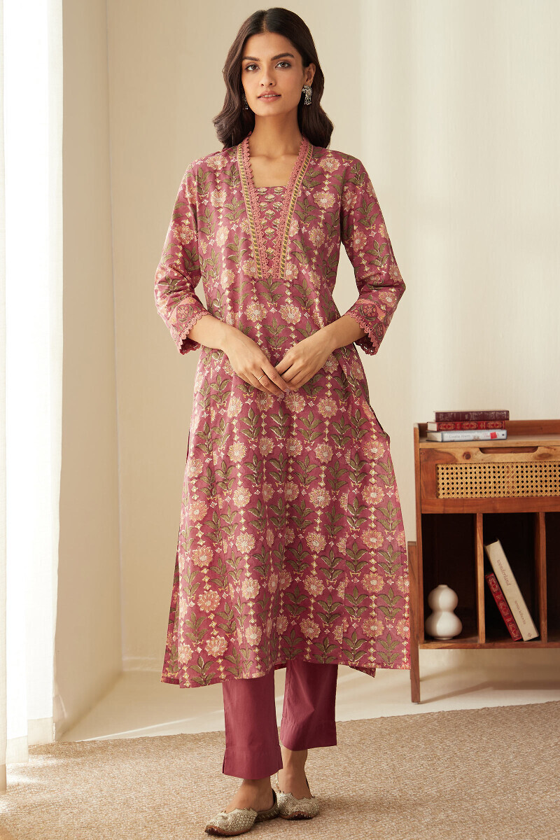 Pink Hand Block-Printed Straight Cotton Kurta