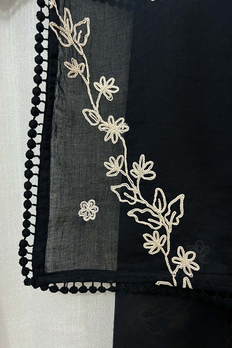 Black Handcrafted Cotton Mul Dupatta