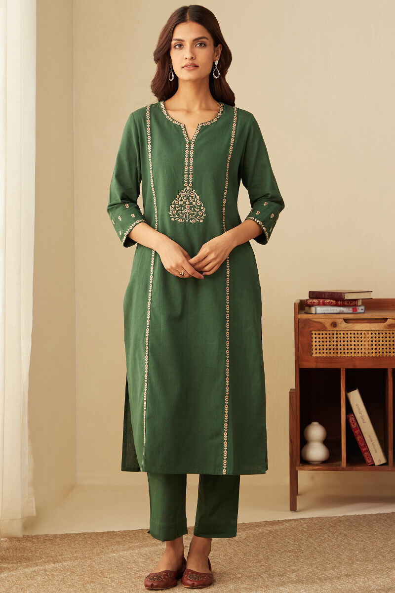 Green Handcrafted Straight Cotton Flax Kurta