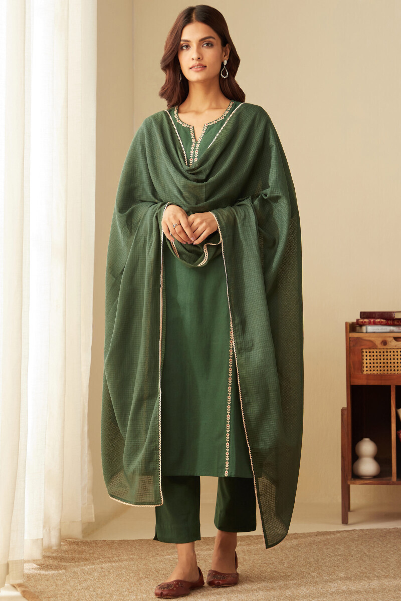 Green Handcrafted Cotton Flax Narrow Pants