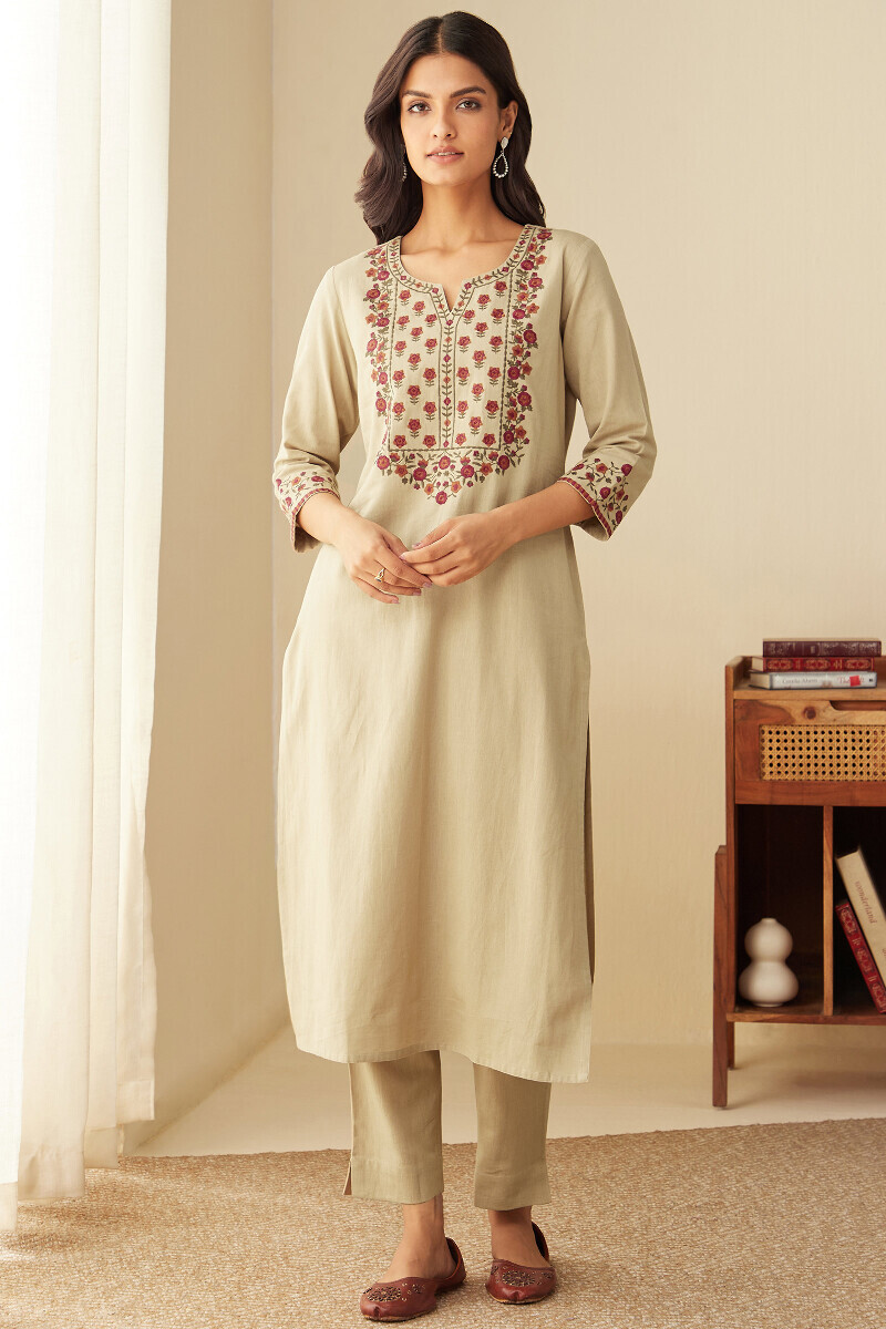 Beige Handcrafted Straight Cotton Flax Kurta