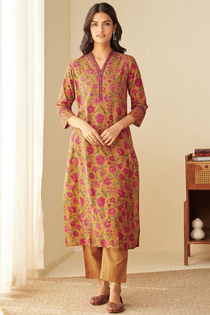 Mustard Printed Straight Cotton Kurta