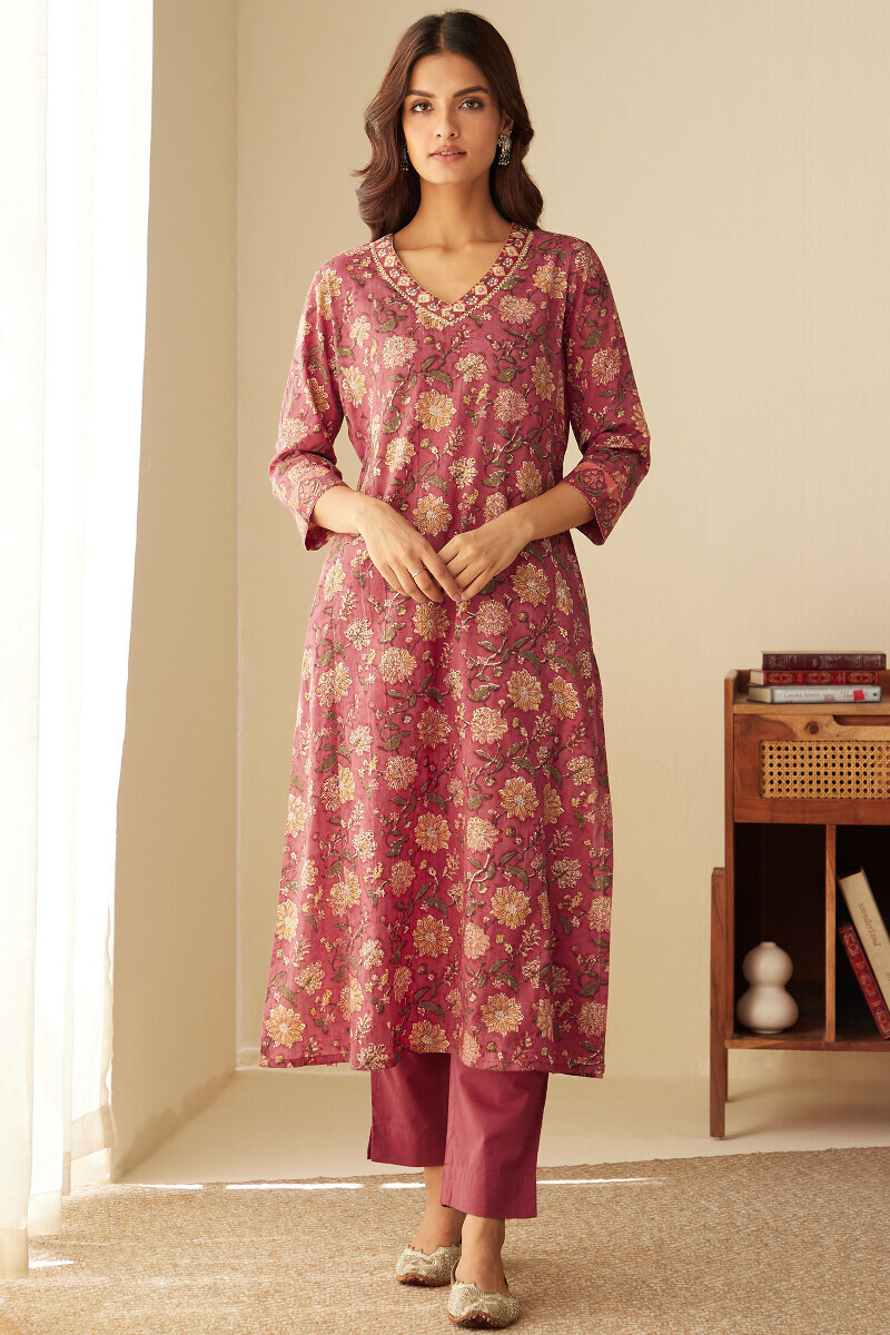 Pink Hand Block-Printed Straight Cotton Kurta