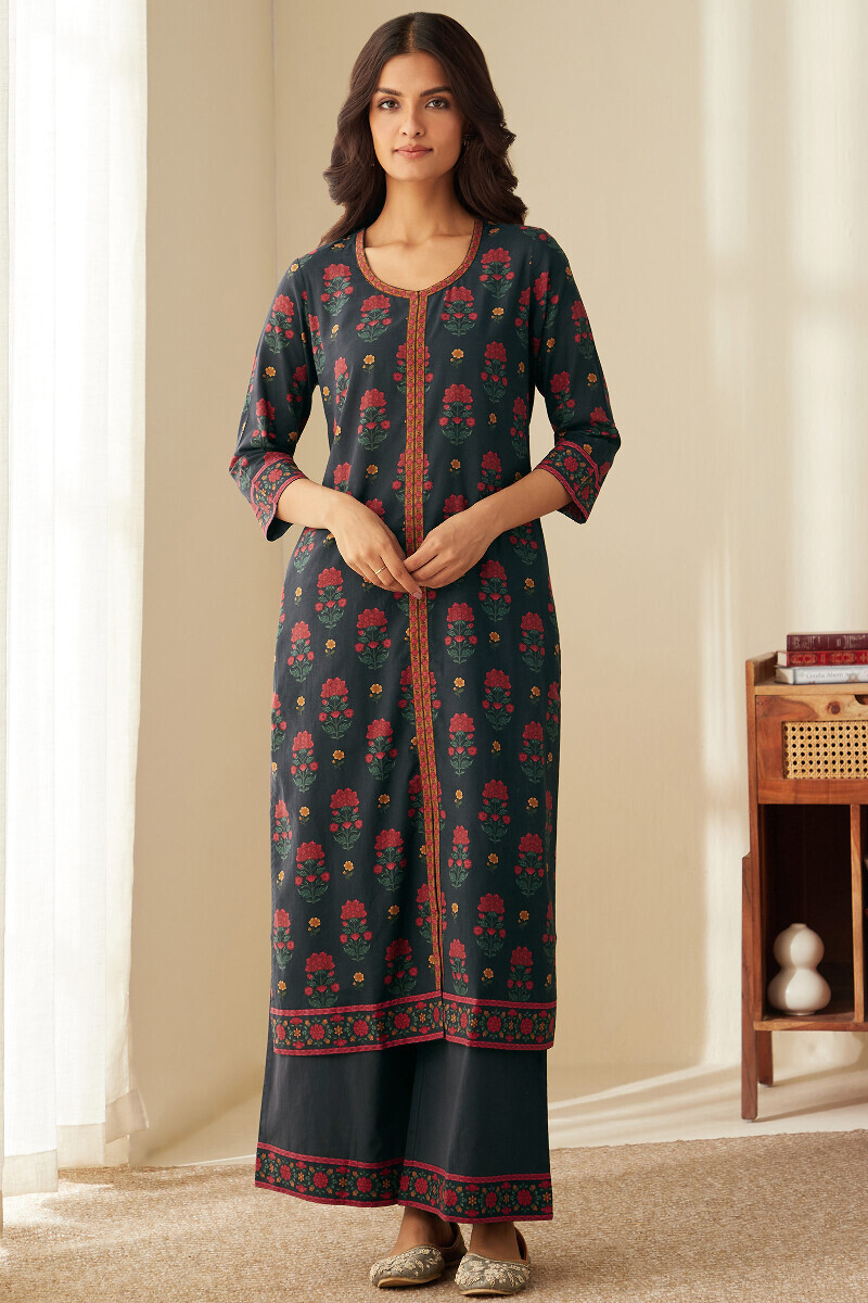 Black Printed Straight Cotton Kurta