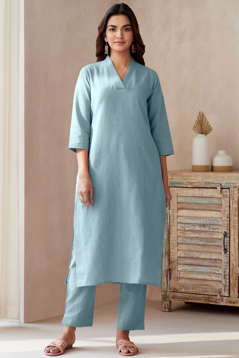 Sky Blue Handcrafted Cotton Flax Narrow Pants