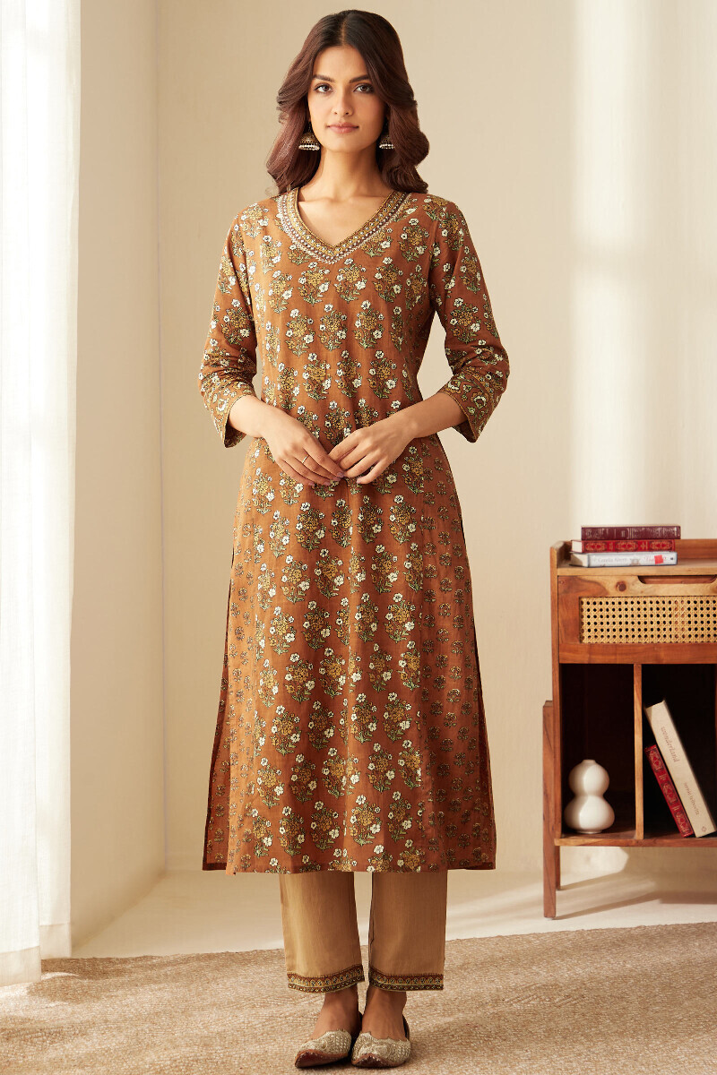 Brown Hand Printed Straight Cotton Slub Kurta