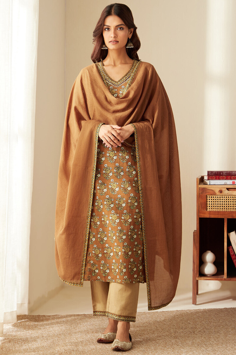 Brown Handcrafted Cotton Flax Narrow Pants