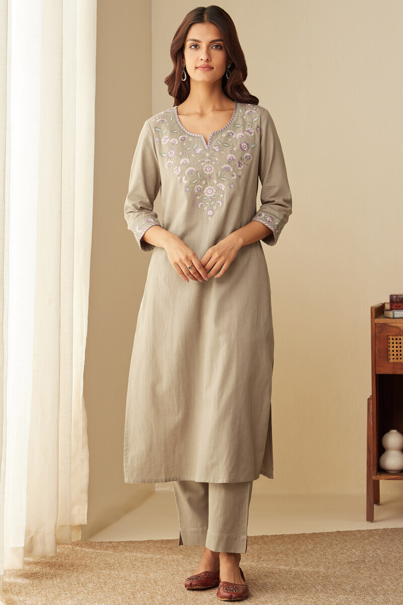 Grey Handcrafted Straight Cotton Flax Kurta