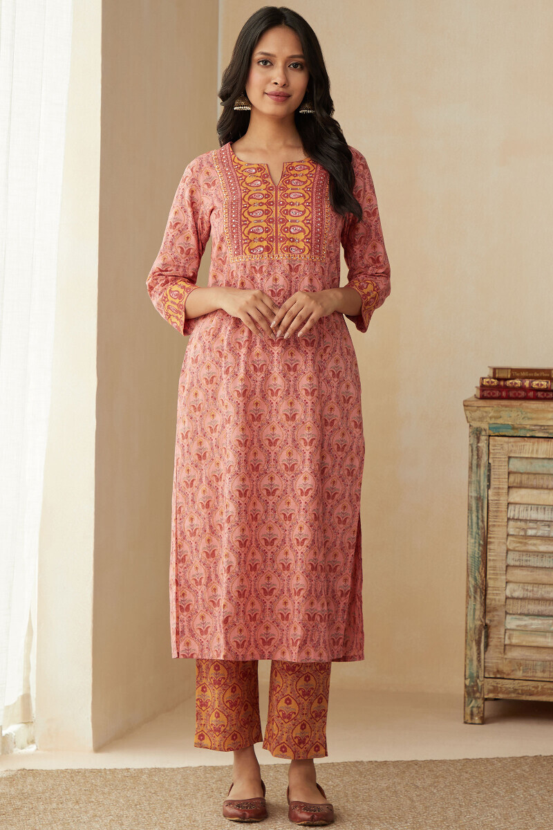 Pink Hand Printed Straight Cotton Kurta