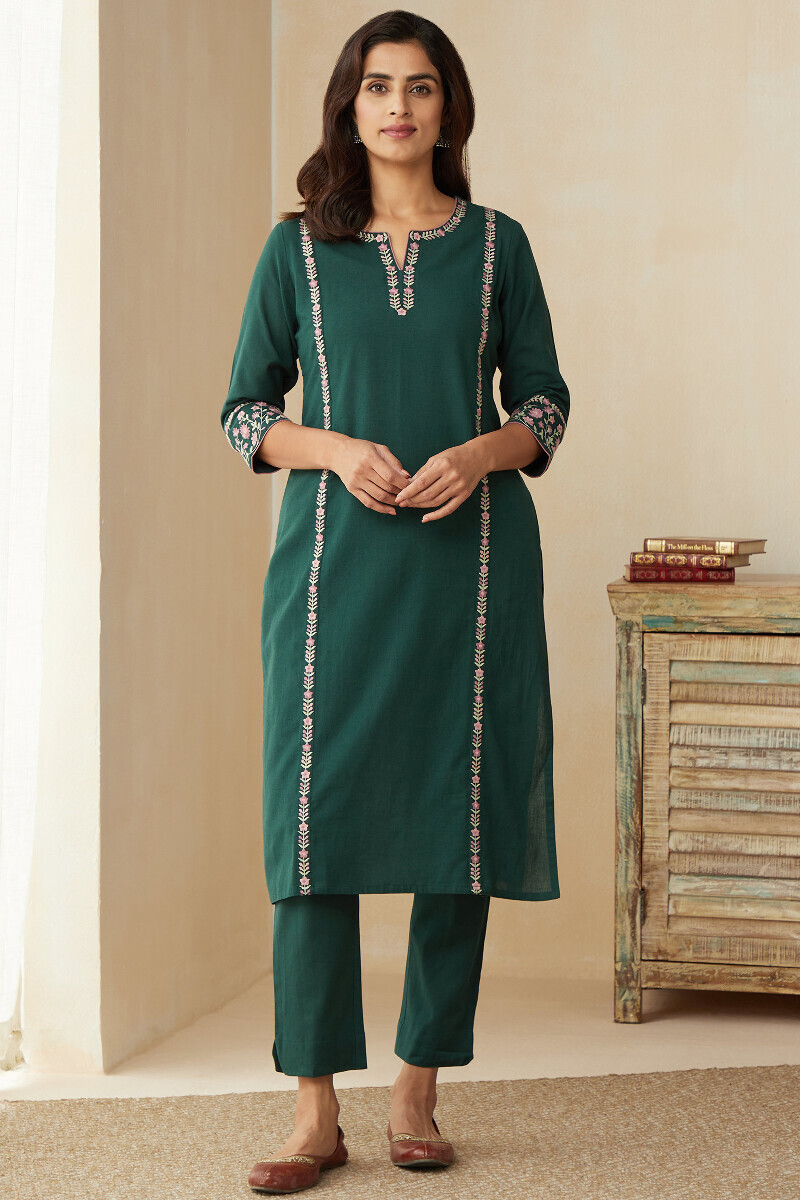 Green Handcrafted Straight Cotton Flax Kurta