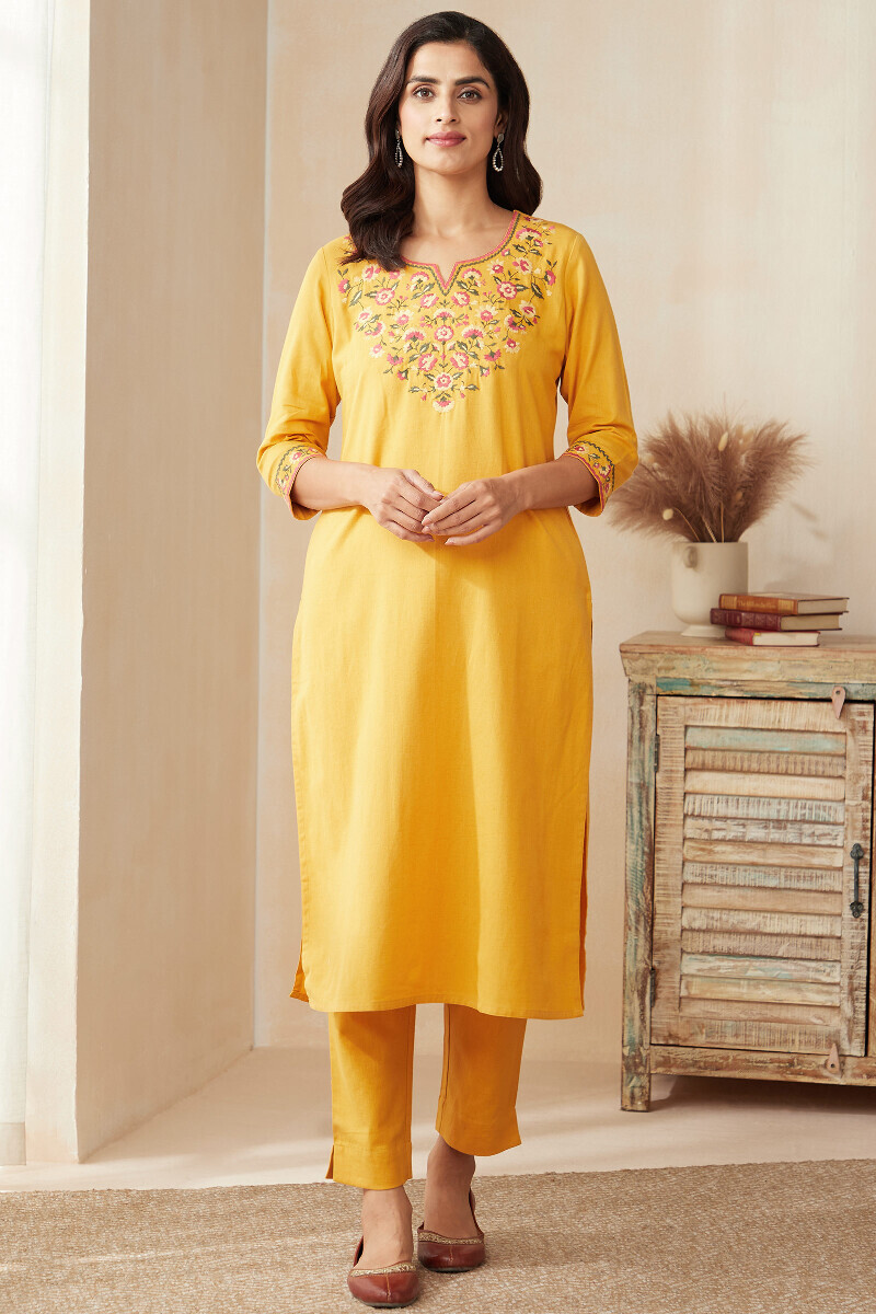Mustard Handcrafted Straight Cotton Flax Kurta