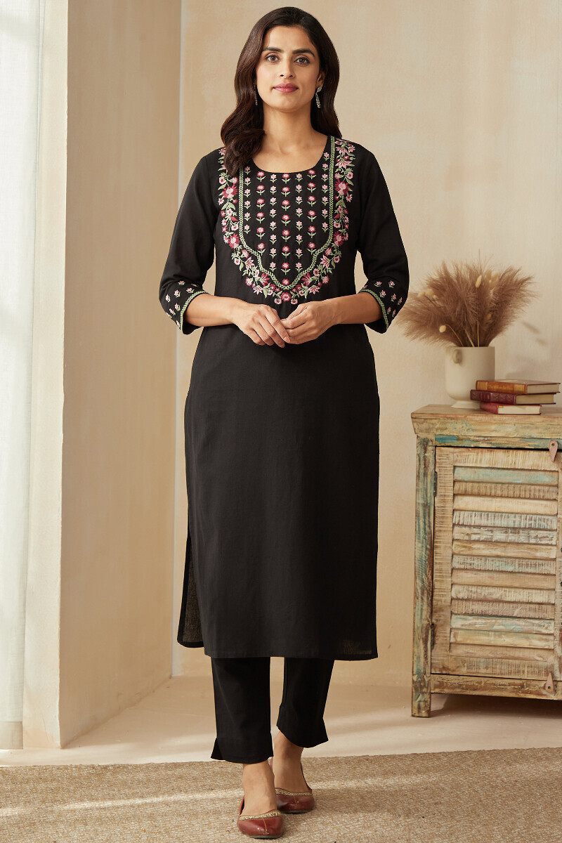 Black Handcrafted Straight Cotton Flax Kurta