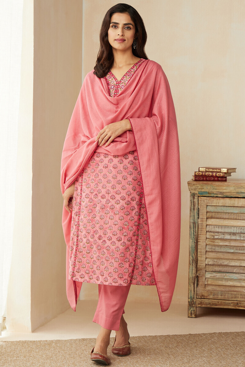 Pink Handcrafted Cotton Narrow Pants