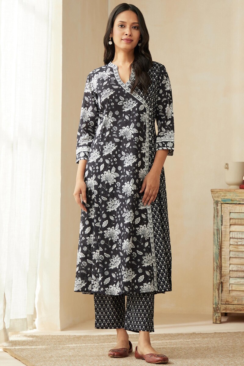 Blue Hand Printed Angrakha Cotton Kurta