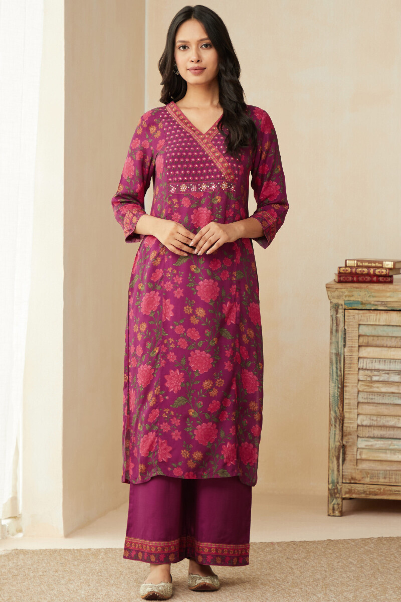 Purple Printed Straight Viscose Kurta