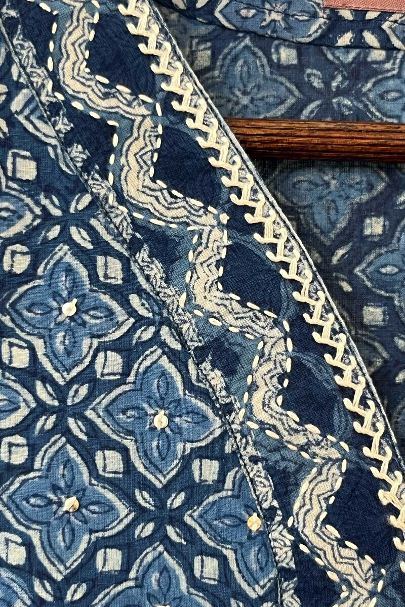 Blue Hand Block-Printed Cotton Slub Top