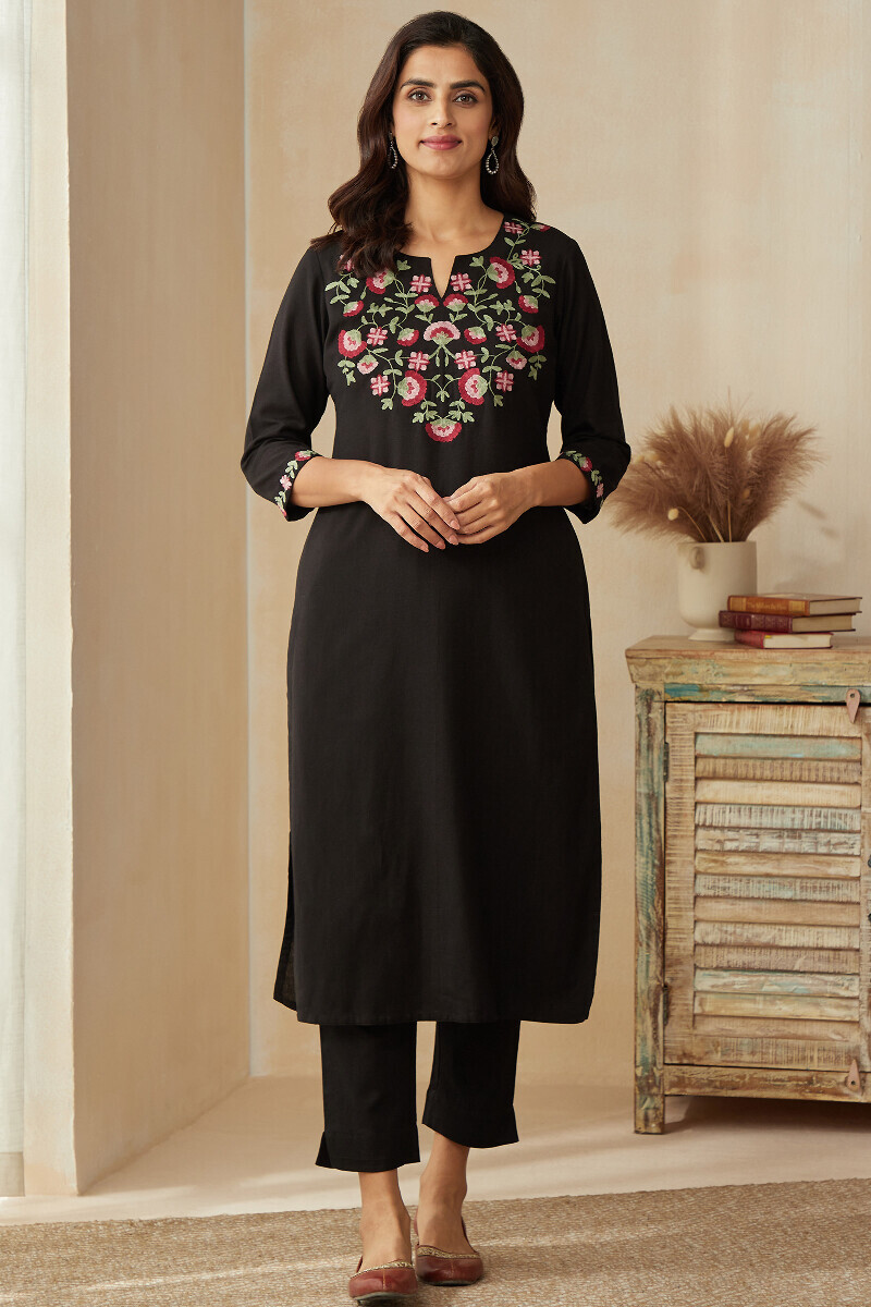 Black Handcrafted Straight Cotton Flax Kurta