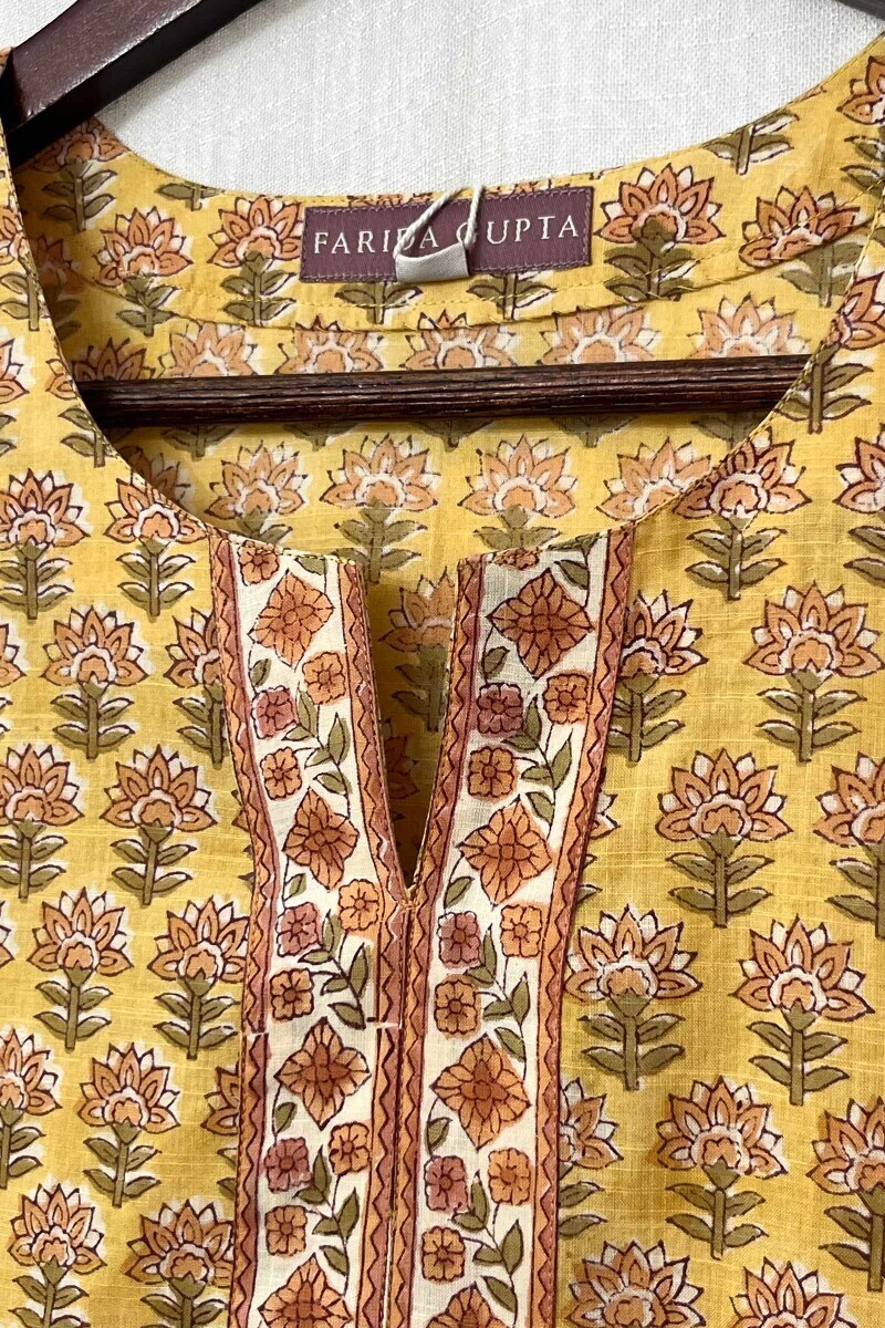 Yellow Hand Block-Printed A-Line Cotton Slub Kurta