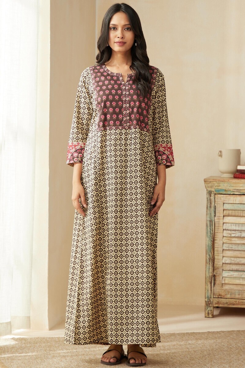 Brown Hand Printed Cotton Kaftan
