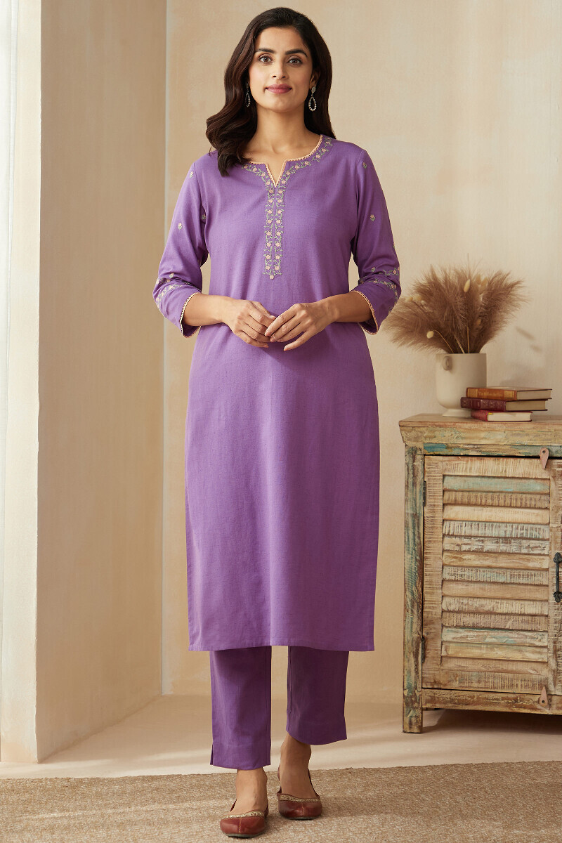 Lavender Handcrafted Straight Cotton Flax Kurta