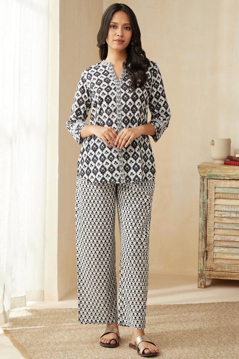 Blue Hand Printed Cotton Loungewear Set