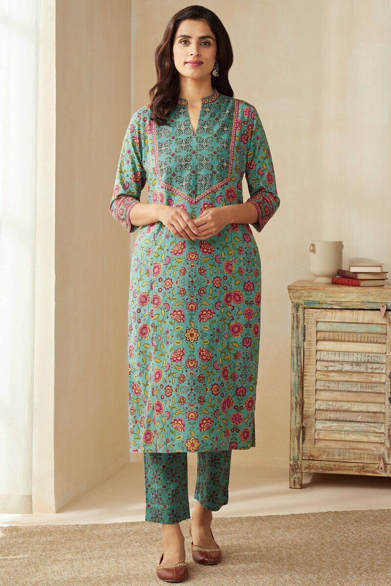Blue Hand Printed Straight Cotton Kurta