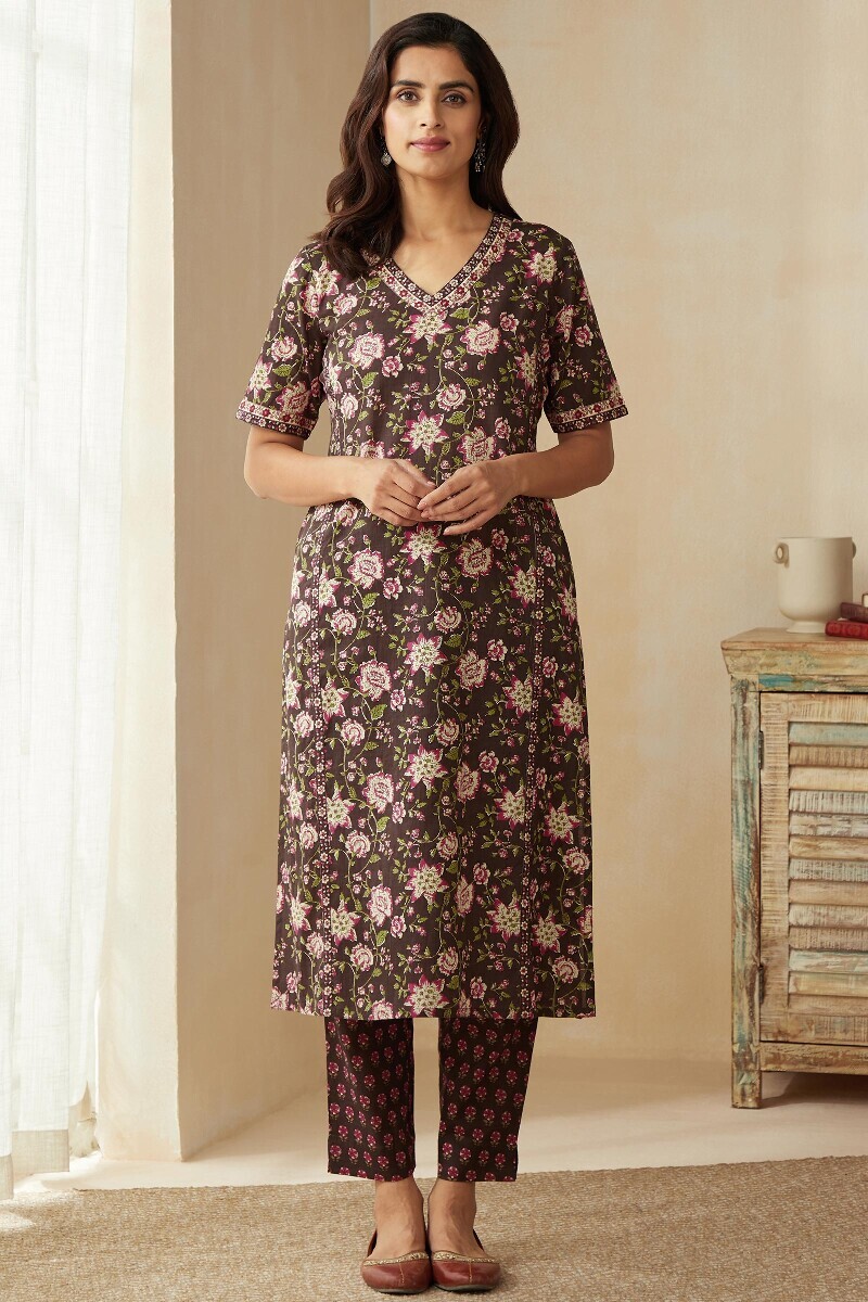Brown Hand Printed Straight Cotton Kurta