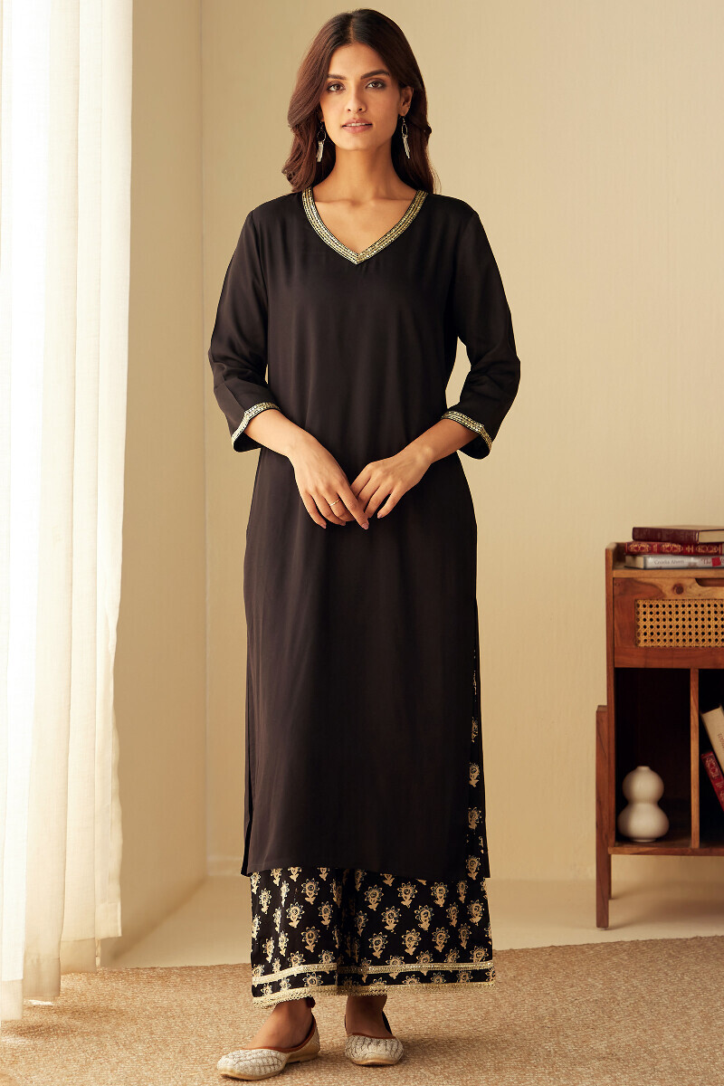 Black Handcrafted Straight Modal Satin Kurta