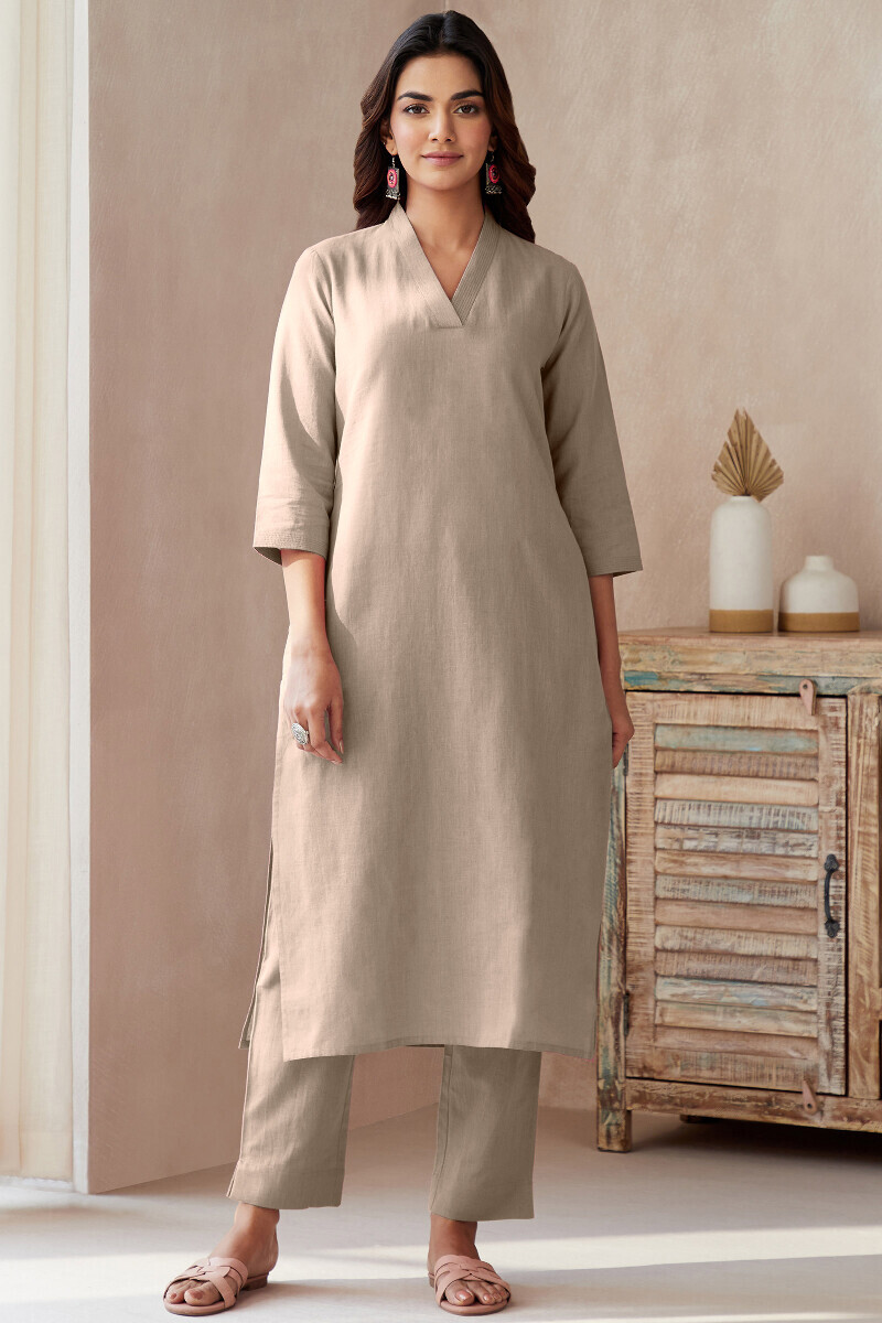 Grey Handcrafted Straight Cotton Flax Kurta