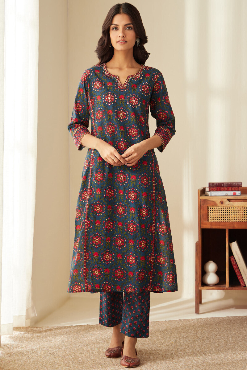 Blue Hand Printed Straight Cotton Kurta