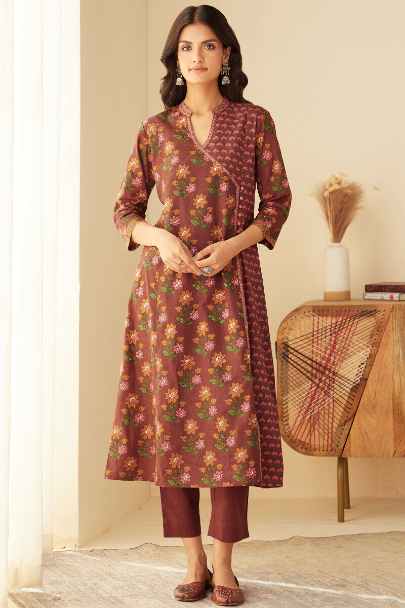 Brown Hand Printed Angrakha Cotton Kurta