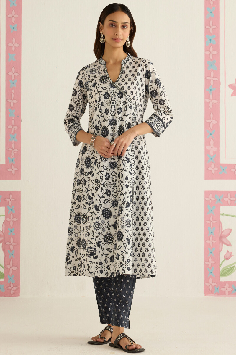 White Hand Printed Angrakha Cotton Dobby Kurta