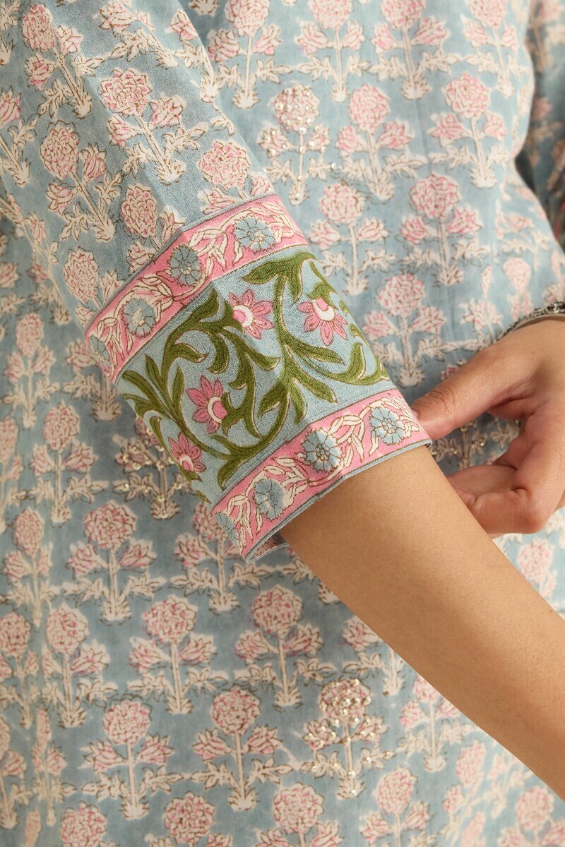 Grey Hand Block Printed Straight Cotton Kurta