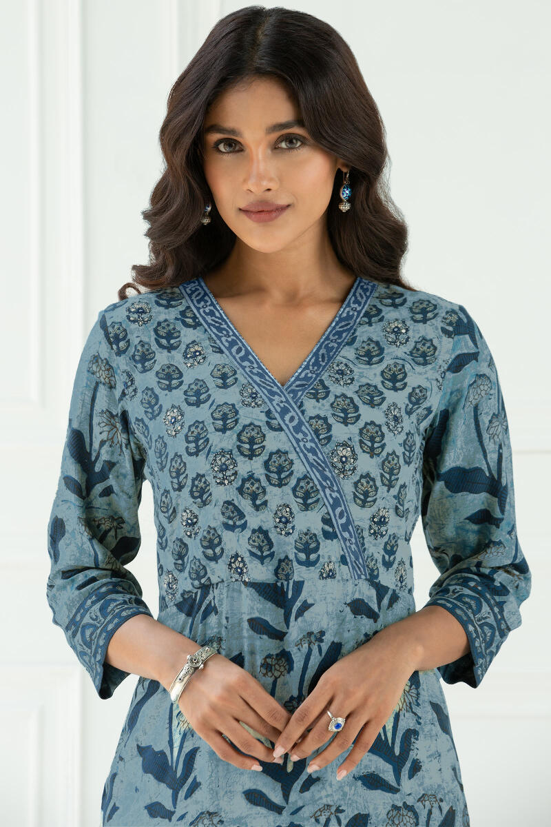 Indigo Block Printed Straight Cotton Modal Kurta
