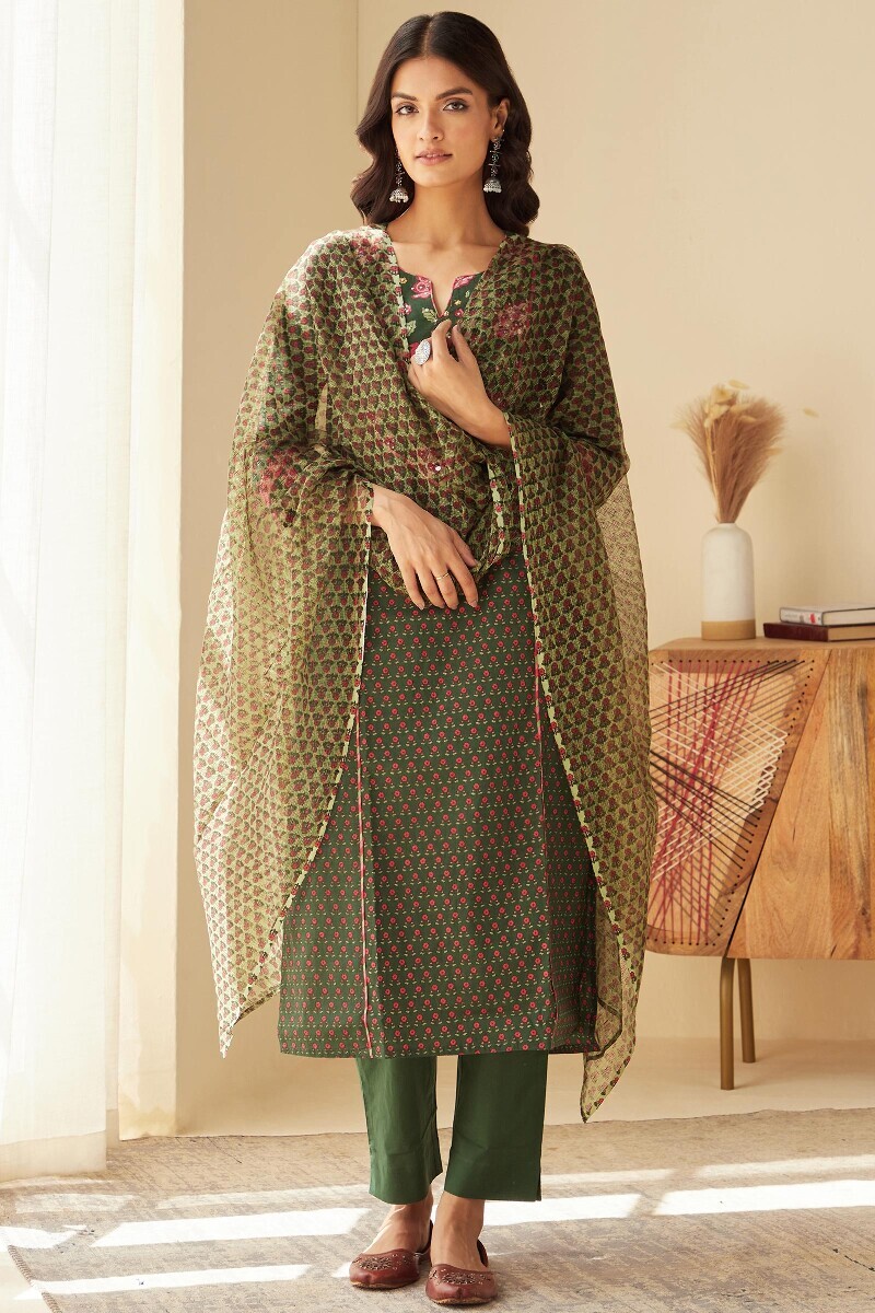 Green Hand Printed Kota Dupatta