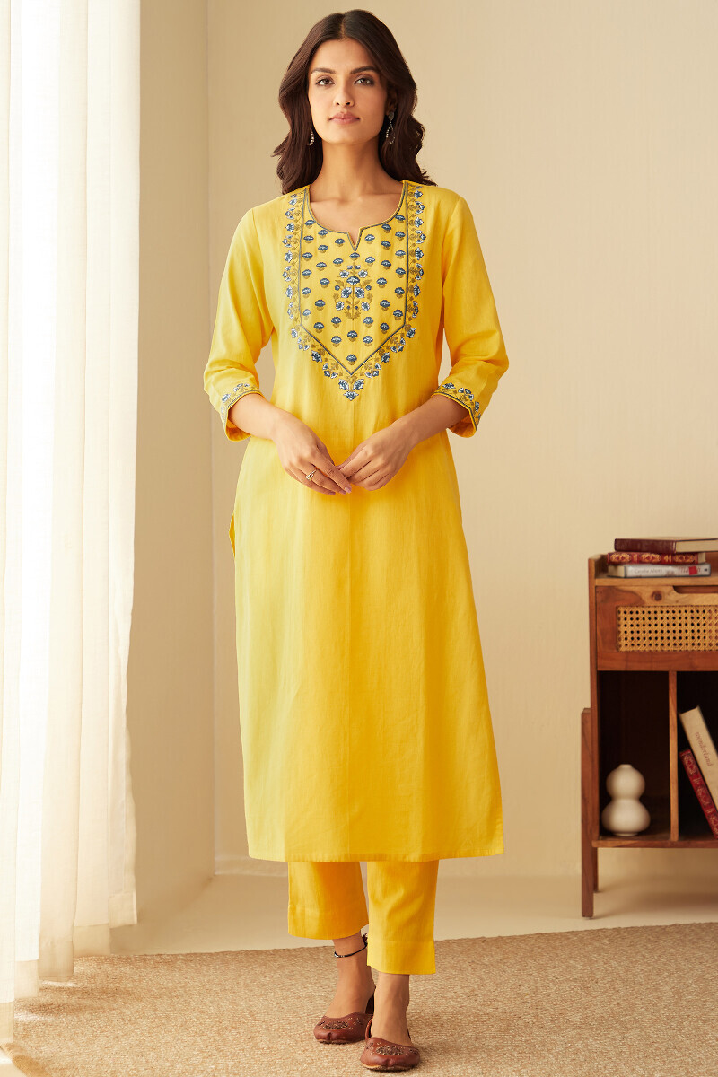 Yellow Handcrafted Straight Cotton Flax Kurta