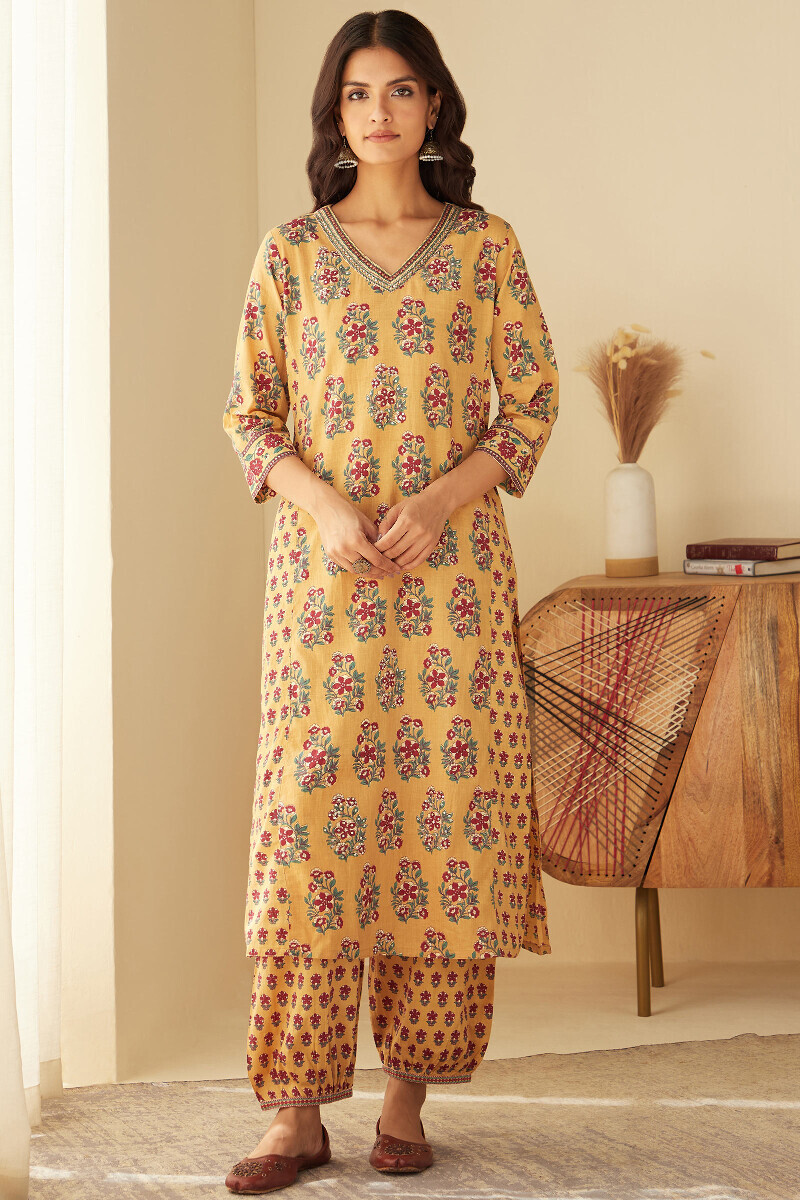 Yellow Hand-Printed Straight Cotton Kurta