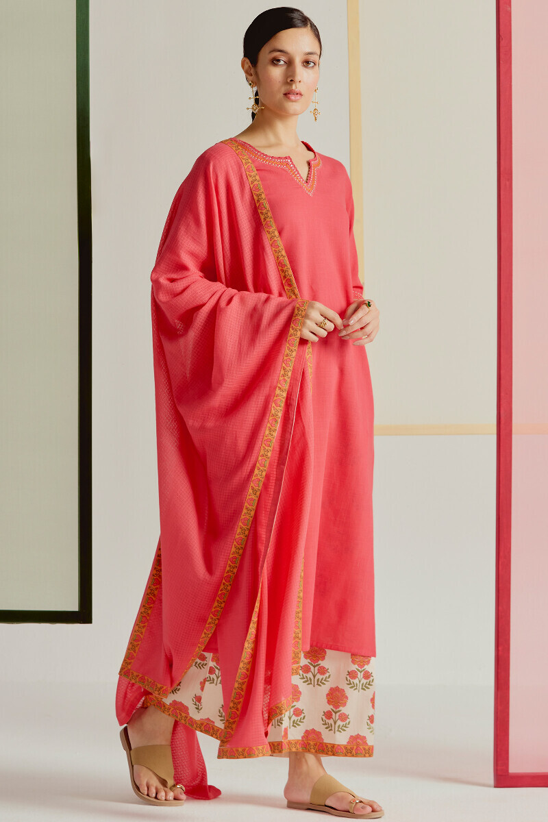 Pink Handcrafted Straight Gauze Slub Kurta