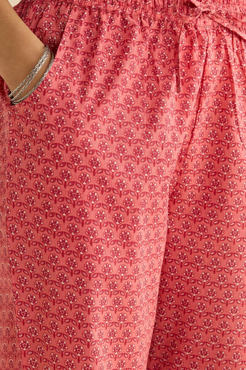 Pink Hand Printed Cotton Narrow Pants