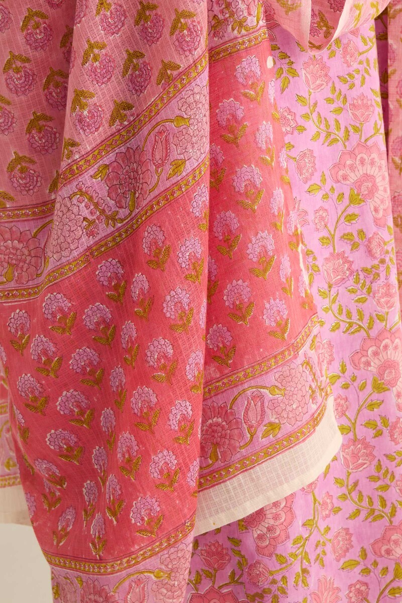 Pink Hand Block Printed Kota Dupatta