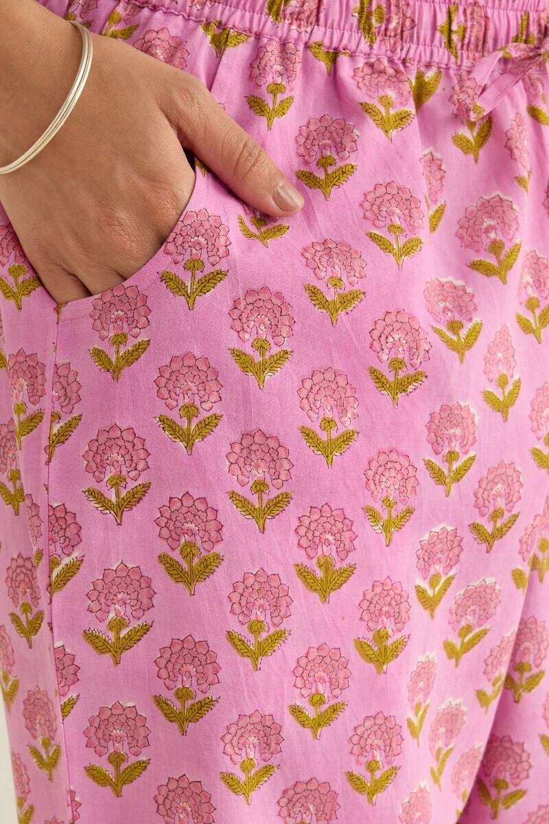Purple Hand Block Printed Cotton Narrow Pants