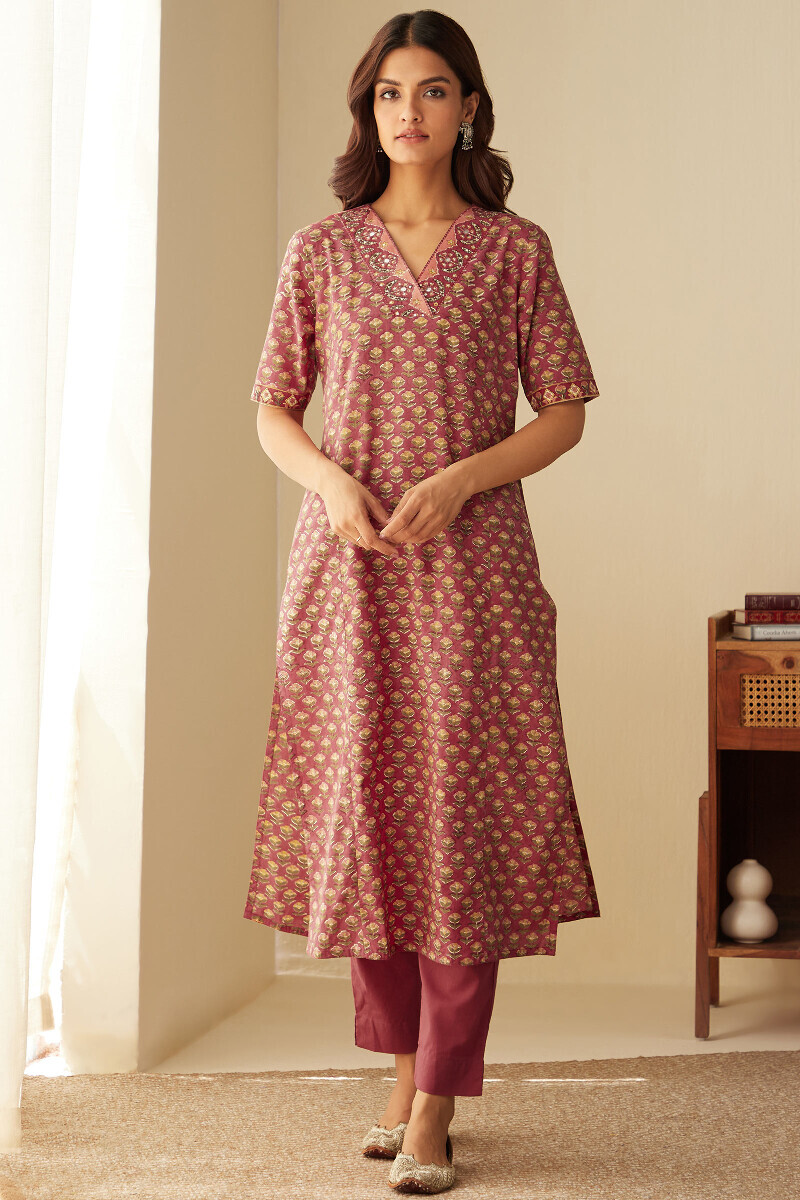 Pink Hand Block-Printed Straight Cotton Kurta