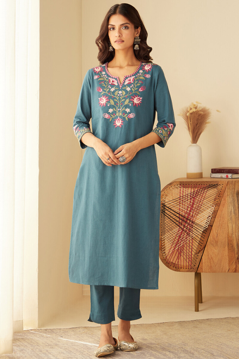 Blue Handcrafted Straight Cotton Flax Kurta