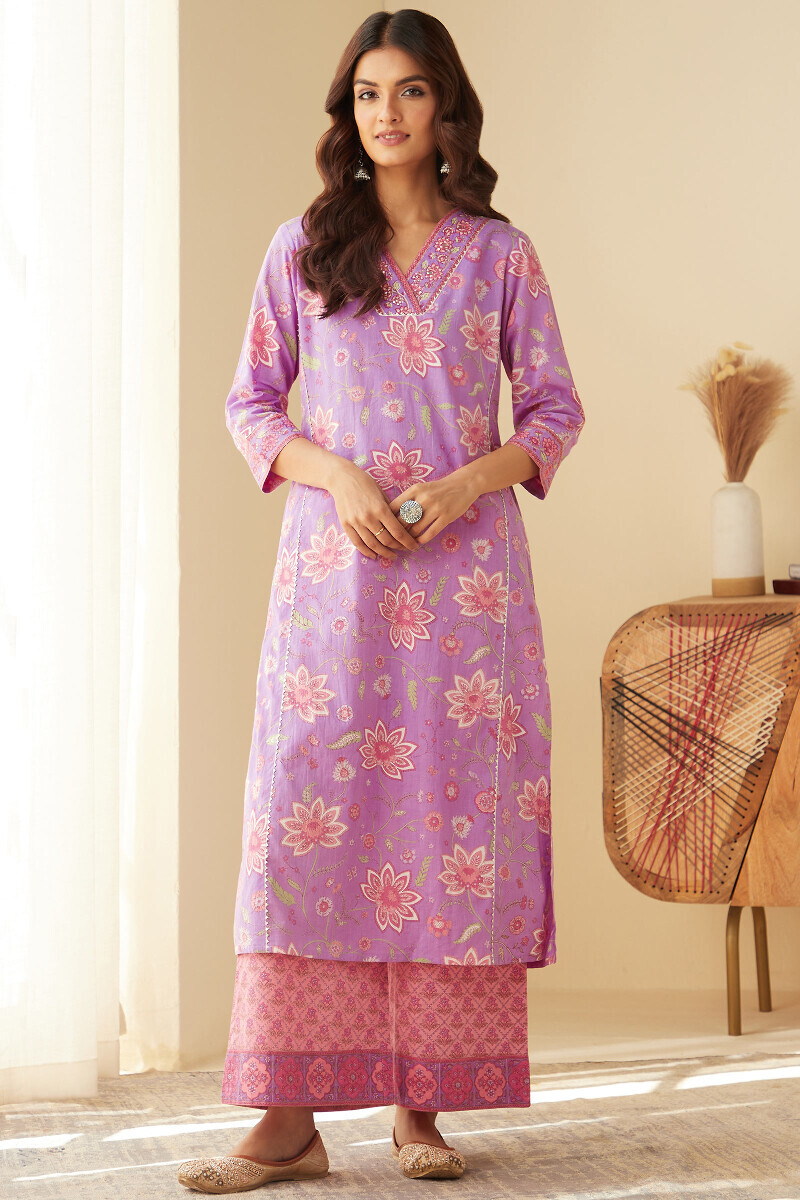 Purple Hand Printed Straight Cotton Kurta